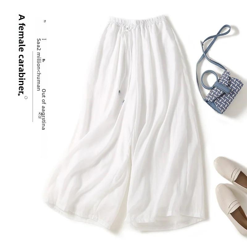 Lightweight Draped Flax Women's Pants Summer Loose Wide Leg Casual Slimming Nine Point Vintage Trousers for Women