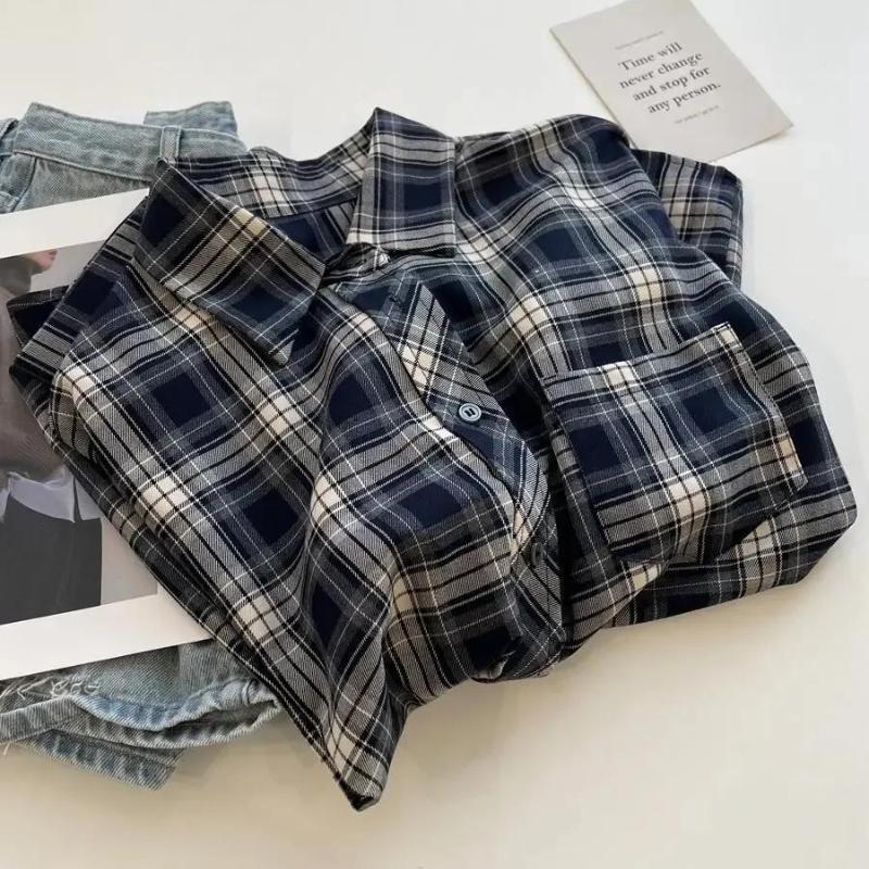 Japanese Vintage Plaid Shirt Spring Thin Women's Long Sleeved Blouse Casual Simple Lapel Blusas Korean Version Loose Fitting Top