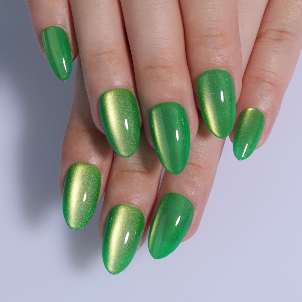 Зеленые Миндалевидные Накладные Ногти «Кошачий Глаз» – Набор из 32 Штук