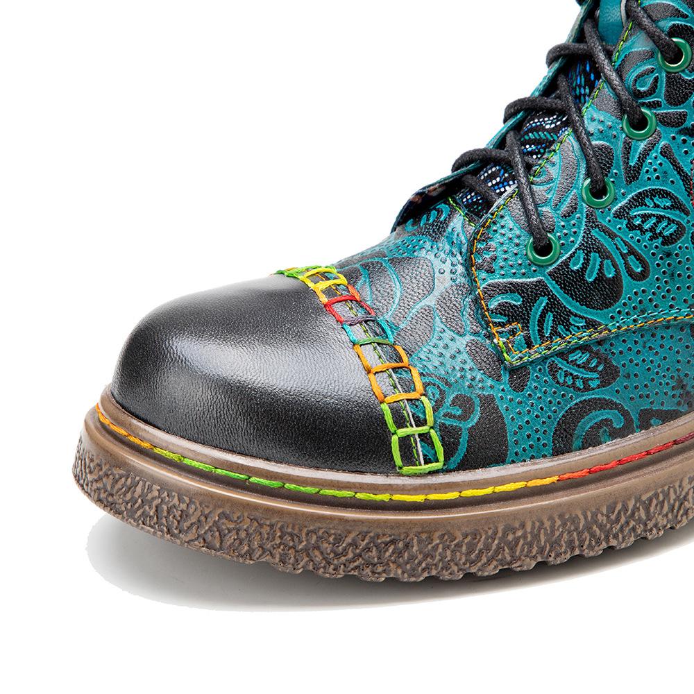 Johnature Genuine Leather Shoes Women Boots Round Toe Retro Handmade Lace-up Sewing Concise Ankle Platform Boots