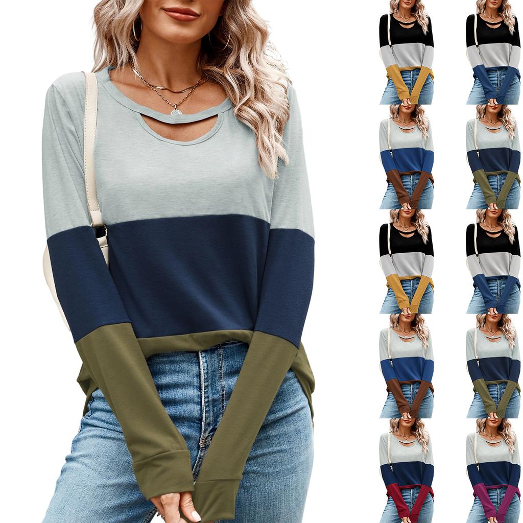 Ladies' Fashionable And Comfortable Color Blocked Hollow Out Low Round Neck Loose Long Sleeved Top
