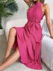 Women Elegant Stand Collar Sleeveless High Waist Pleated Solid Color Long Dress