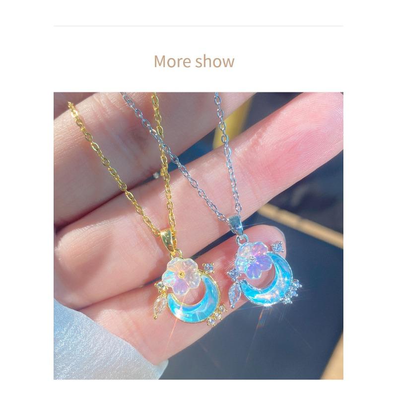 Blue Ocean Moonstone Moon Flower Titanium Steel Zircon Clavicle Necklace For Women