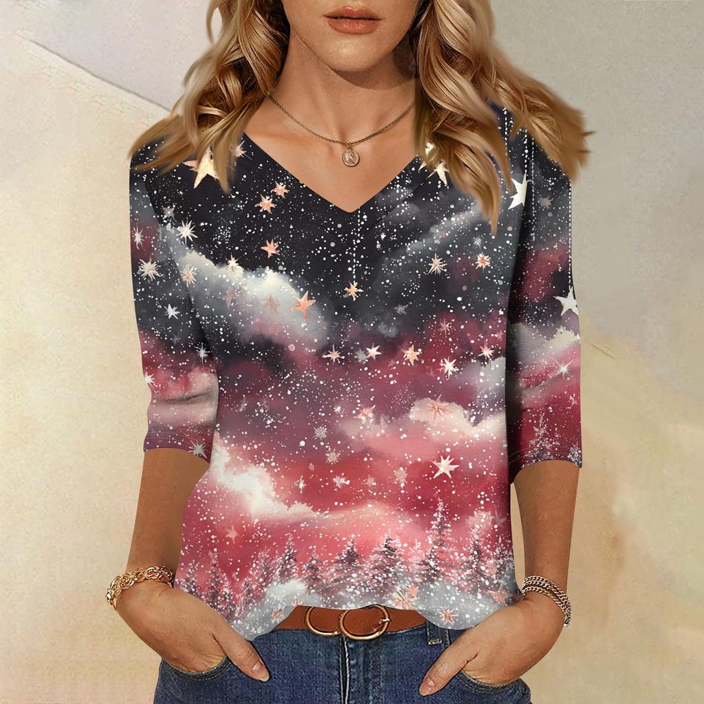 Women's Christmas Printed V-Neck 3/4 Sleeve Loose Fit Casual Shirt