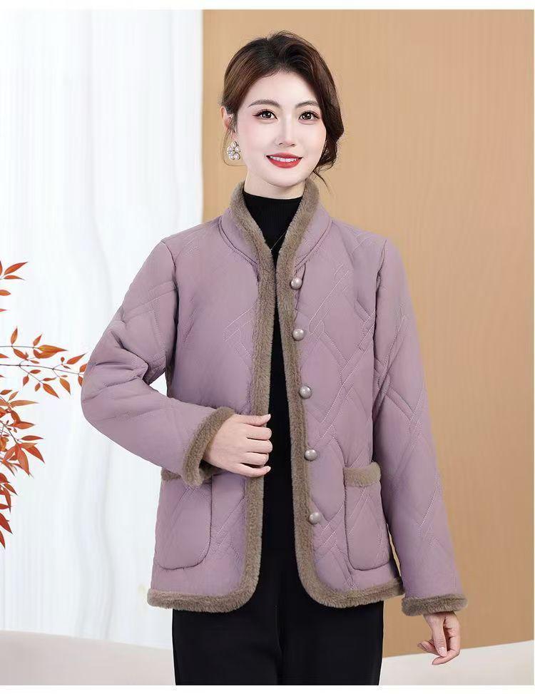 Women's Winter Cotton Jacket: Fleece-Padded, Jacquard Fabric, Age-Reducing, Warm, Chinese-Style, Enhanced Thickness.