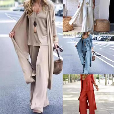 European and American Spring/Autumn Loose-Fit Three-Piece Set: V-Neck Suspenders, Straight Trousers, Long Cardigan