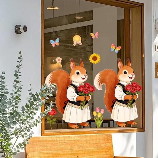 Pegatinas de Ventana Zorro de Primavera Zorro de Dibujos Animados Flores Mariposas Pegatina de Cristal Extraíble Animales Lindos Pegatinas de Ventana para Decoración de Hogar Oficina Tienda