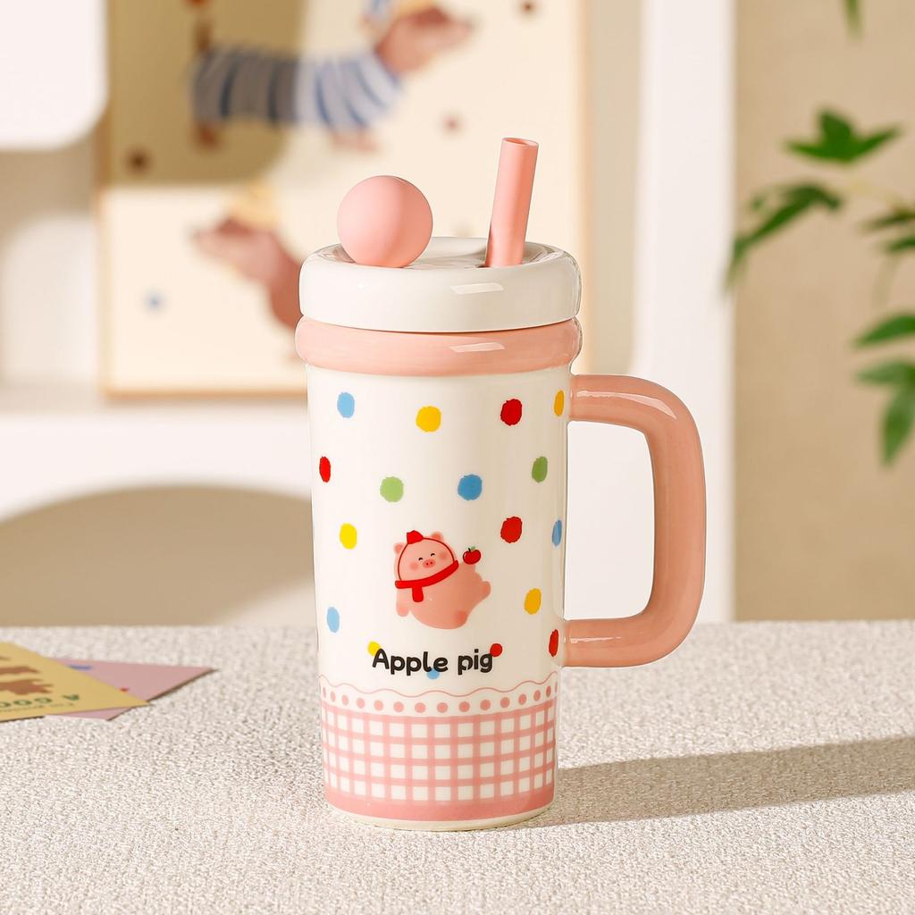 Cute Large-capacity Ceramic Polka Dot Mug with Lid High-value Girl Office Couple Birthday Gift Girl