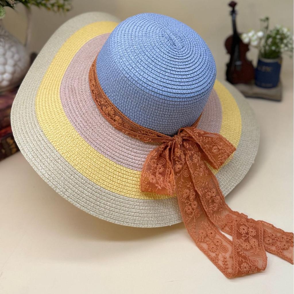 Women's Colorful Patchwork Straw Hat with Large Brim Summer Travel Sun Protection Rainbow Headband
