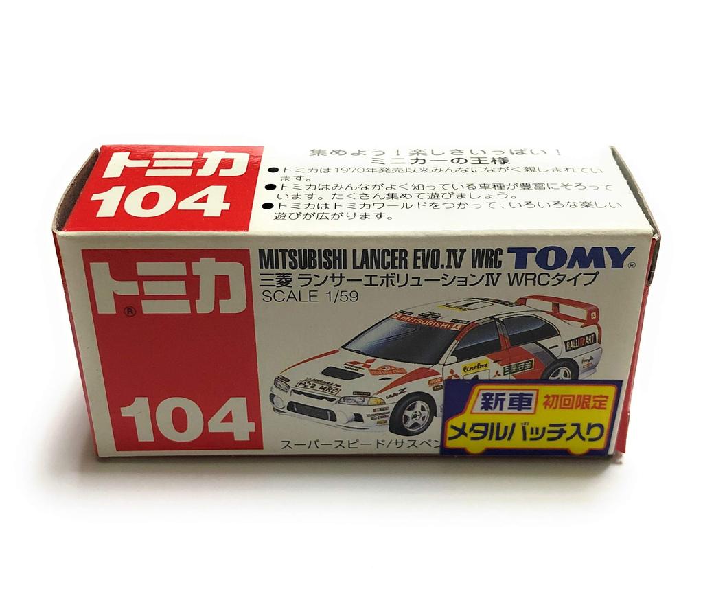 Tomica 104 Mitsubishi Lancer Evolution IV WRC Type Red Box Logo Blue Made in China No.