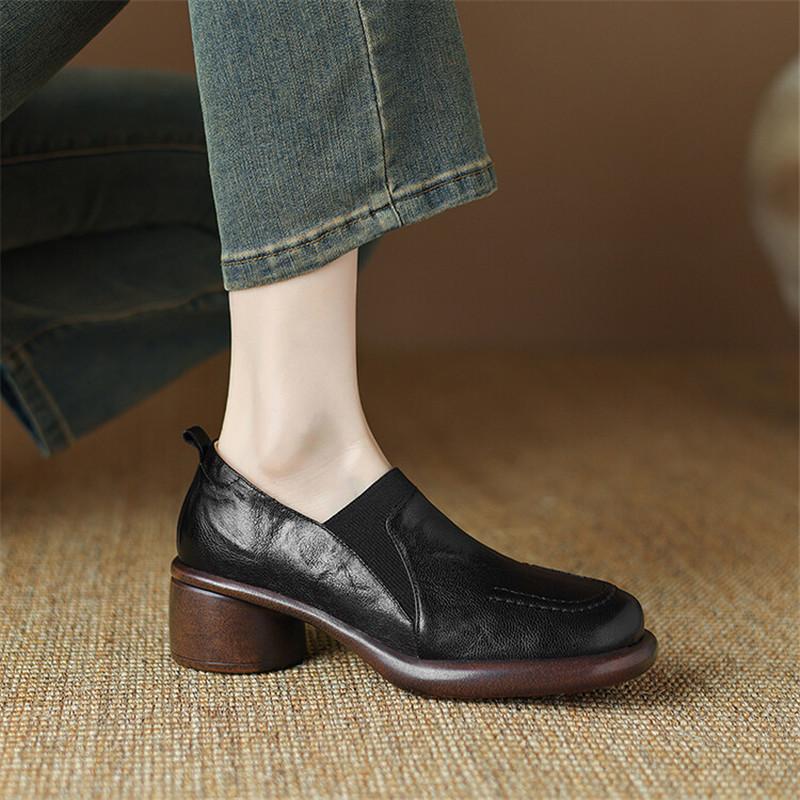 Fashion New Autumn Genuine Leather Women Pumps Fashion Round Toe Shoes for Women Chunky Heel Loafers Zapatos De Mujer Women Shoes Brown