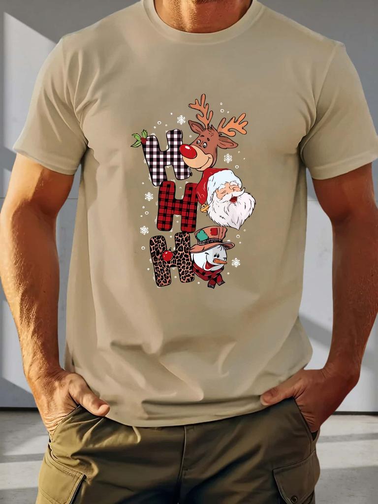 Herren Sommer Baumwoll Rundhals T-Shirt mit festlichem "Hohoho"-Design - Lässiges Kurzarm-Tee mit Weihnachtsmann