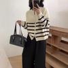 The New Autumn and Winter Sweater with Stripes and Contrasting Colors, Simple Double-zipper Short Knitted Cardigan, Versatile Women's Wear