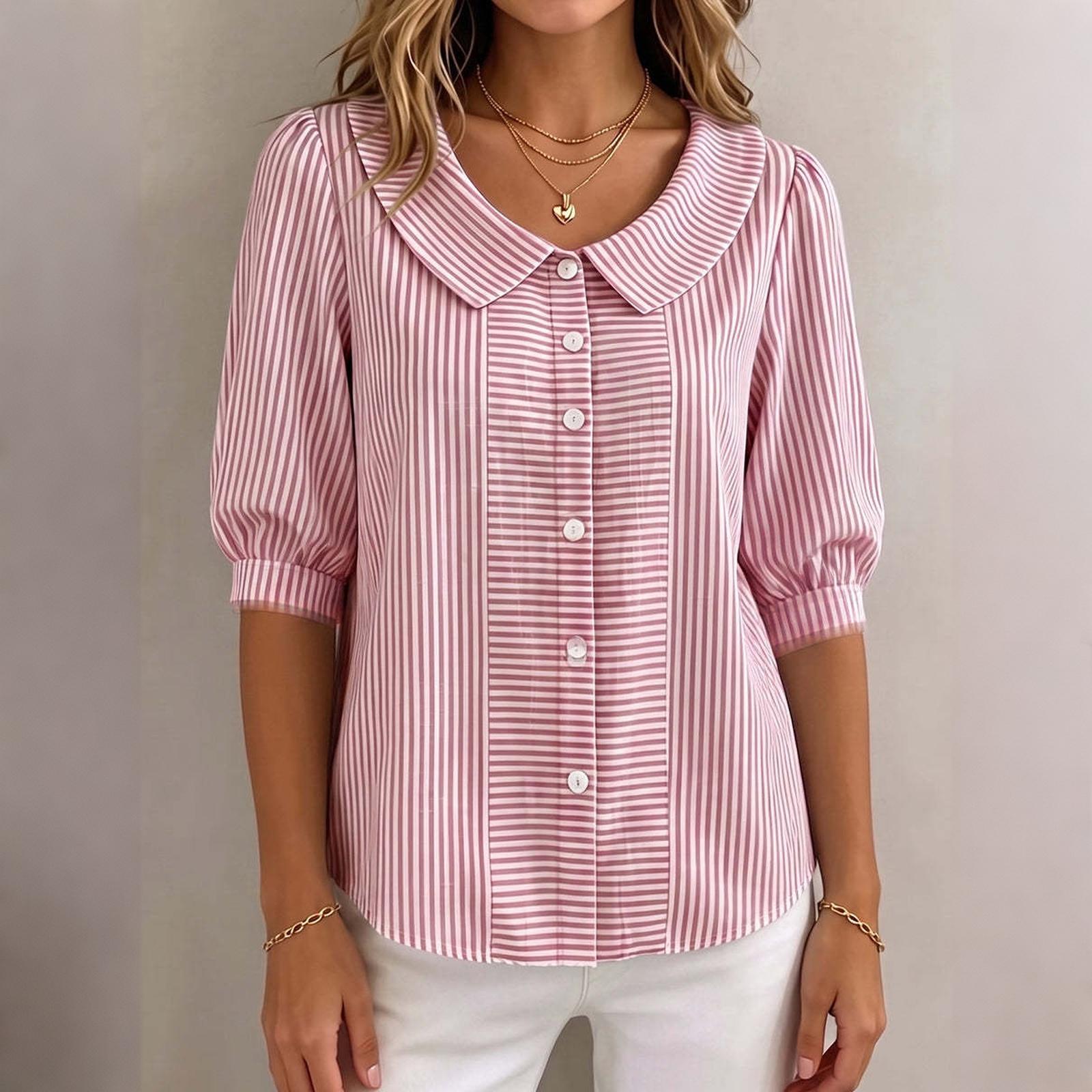 

Women s Button Down Shirt Blouse with Peter Pan Collar Half Sleeve Striped Pattern Casual Office Wear Lightweight Fabric M