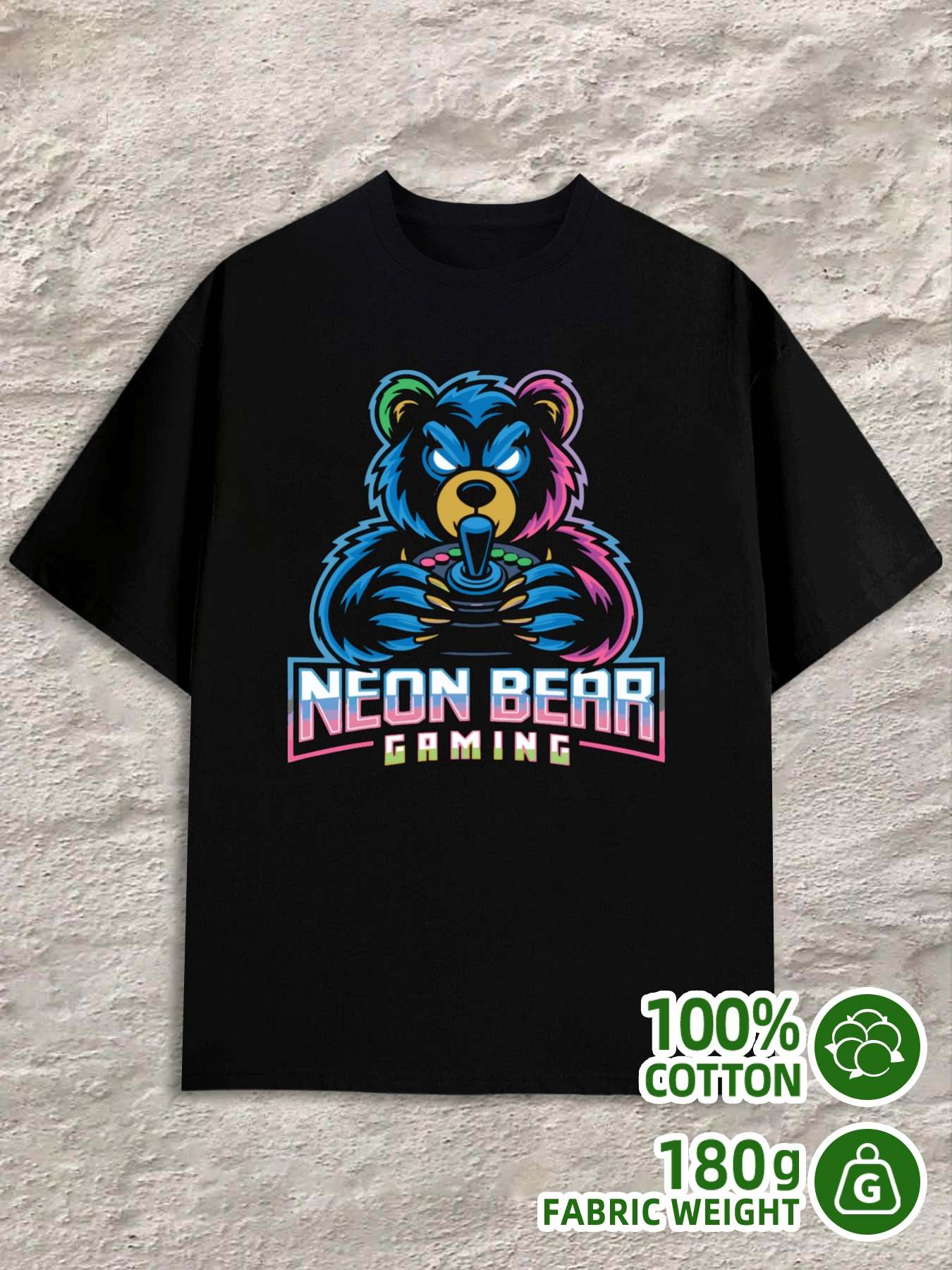 Men s Product Y2K Neon Bear Gaming T-Shirts Black Regular Fit S
