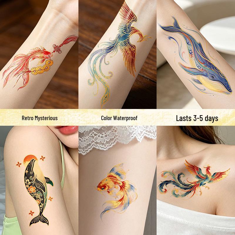 Chinese Style Waterproof Phoenix & Koi Tattoo Sticker - Long-lasting, Aesthetic Dunhuang Design for Arm & Collarbone