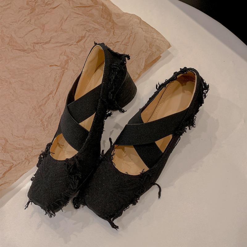 

Tassel model~ square head cross-strap ballet shoes women s thick heel Mary Jane shoes light mouth medium heel single shoes 34 чёрный