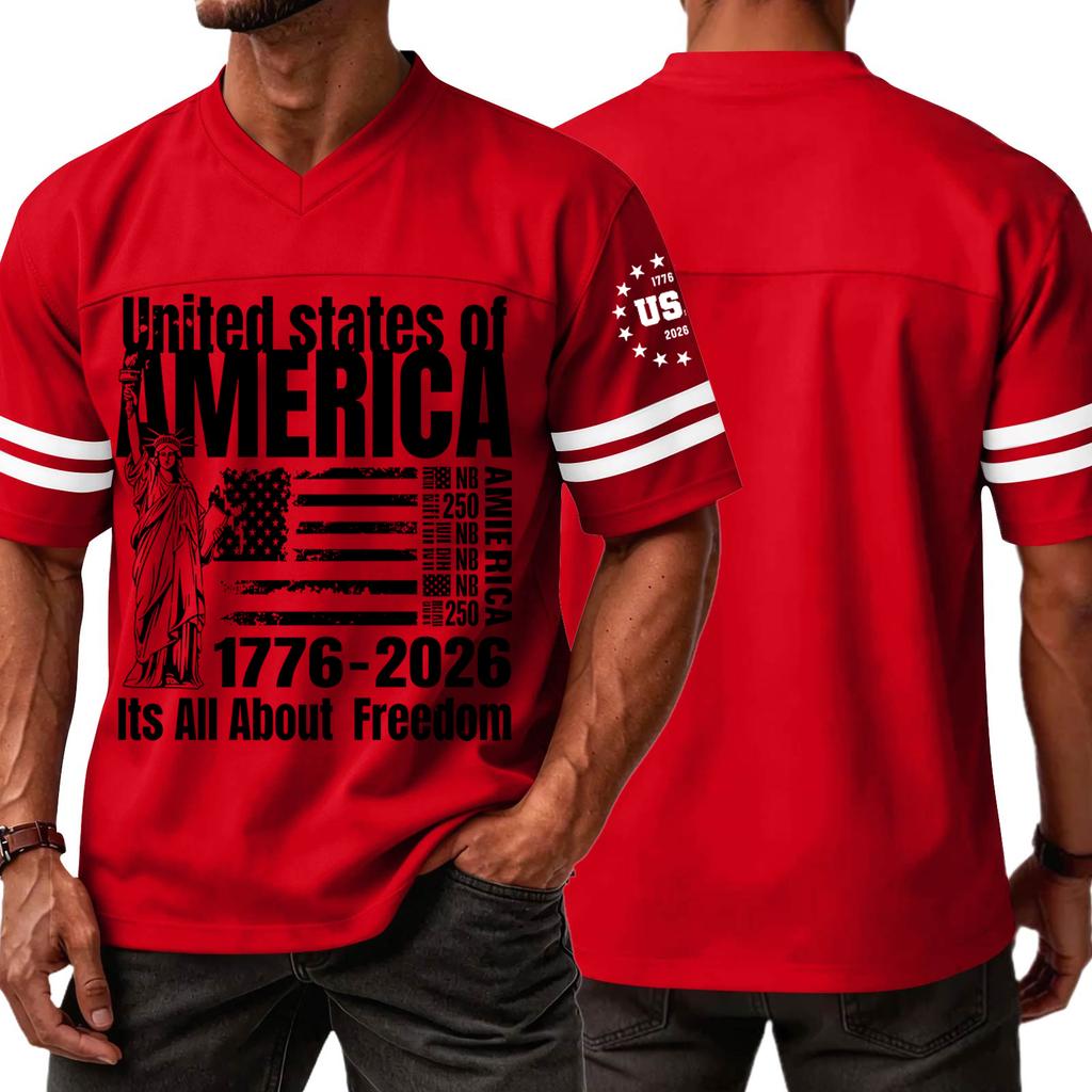 Mens V Neck Short Sleeve Sports T Shirt with States of America 1776 2026 Graphic and Statue of Print