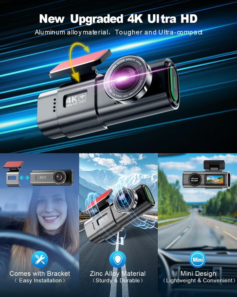 מצלמת דרך 4K קדמית ואחורית, WiFi מובנה, זווית רחבה 170°, ראיית לילה, ניטור חניה 24 שעות, חיישן G, WDR, מסך IPS בגודל 1.47 אינץ' מצלמת דרך לרכב