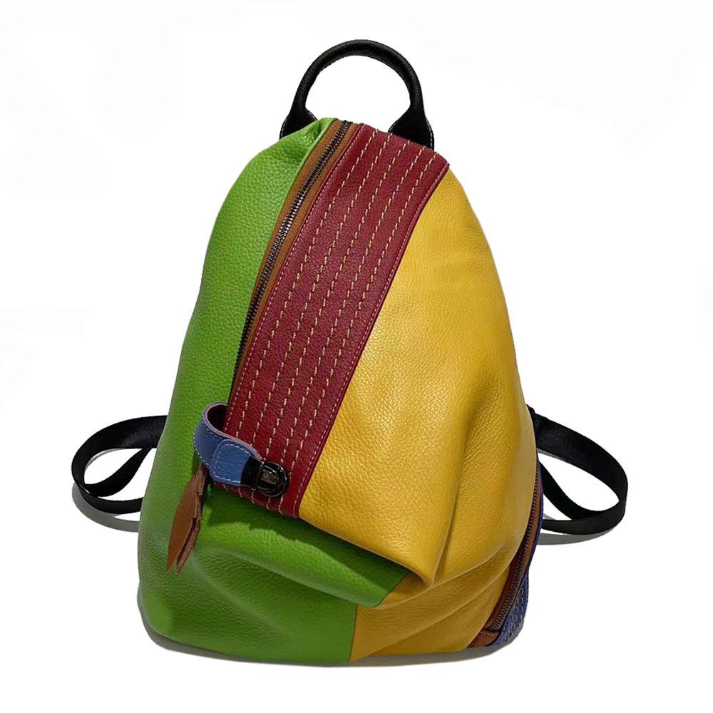 European & American Style Women's Colorful Patchwork Leather Anti-theft Backpack with Double Straps and Lock Buckle