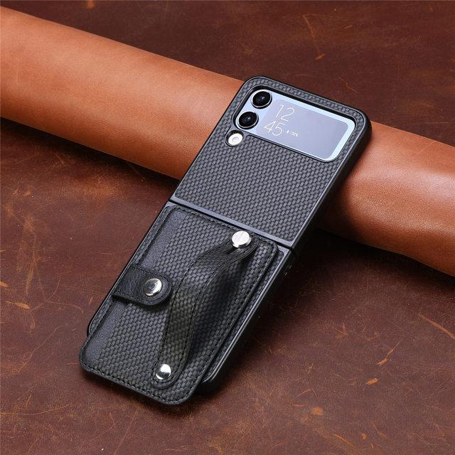 For Samsung Z Flip 4 Portable Wristband Carbon Fiber Case For Samsung Galaxy Z Flip 4 5 5g Flip4 Zflip4 Card Holder Bag