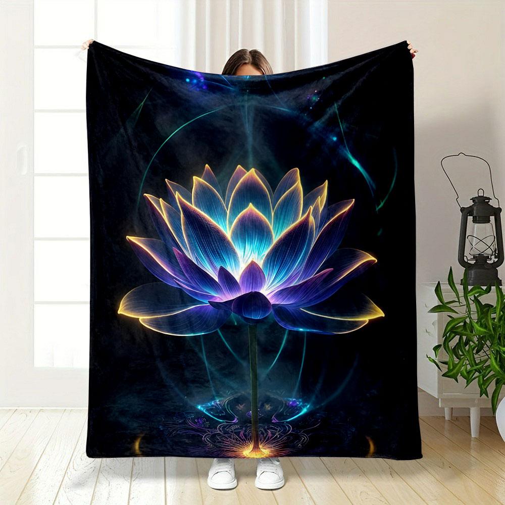 Glowing Neon Lotus Flower Design Patterned blanket, flannel, suitable for all seasons, home decor, warm and cozy
