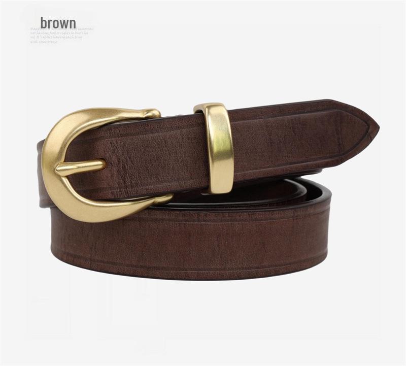 Women s Genuine Leather Black Belt with Copper Buckle - Versatile, High-End Feel, Pure Cowhide, Thin Waistband for Jeans коричневый
