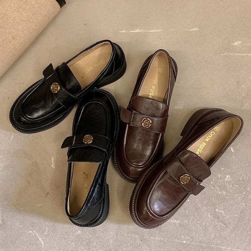 Sheepskin~ Genuine leather women's camellia with one pedal, thick-soled retro lazy with skirt and small leather shoes