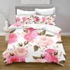 Floral Duvet Cover Set King Queen Lovely Red Pink Flowers and Green Leaf Polyester Bedding Set for Girls Women Black Multicolor