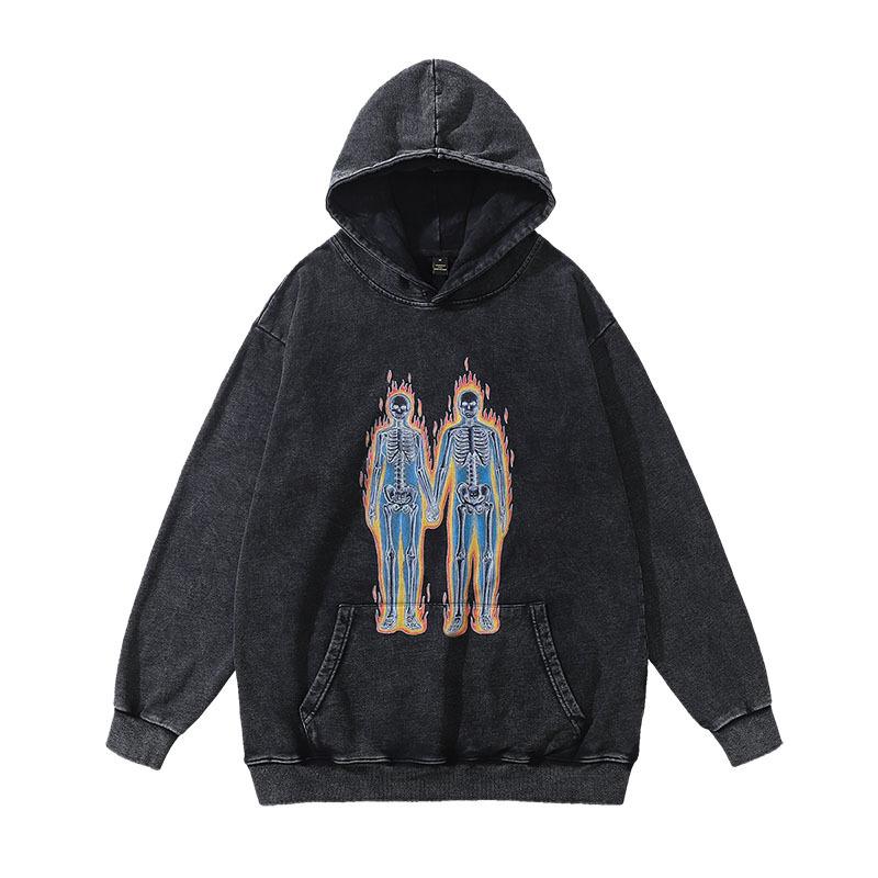 American Trendy Brand Hooded Sweater Retro Skull Print Washed Old Oversize Jumper Top