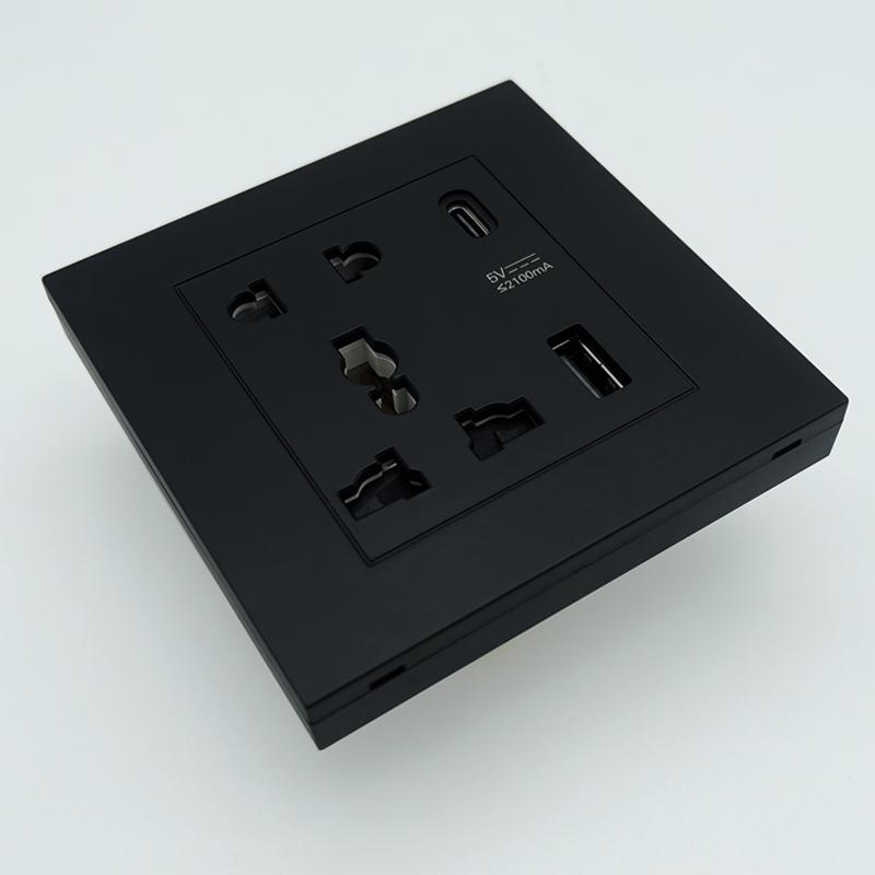 5-hole Universal Socket with USB + Type-c Charging Ports and Switch 86-type Glass Panel Embedded Wall Socket