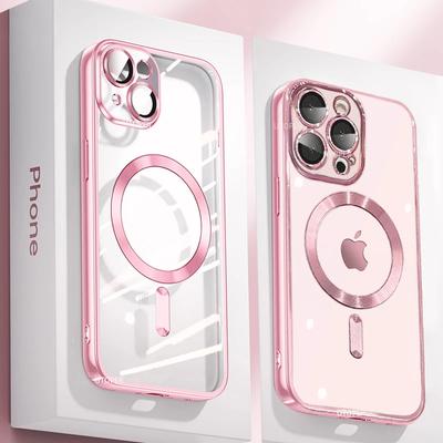 Průhledné pokovení Ultratenké silikonové pouzdro pro iPhone 16 15 14 13 12 11 Pro Max 16 Plus Magsafe Magnetický ochranný kryt na objektiv Růžový