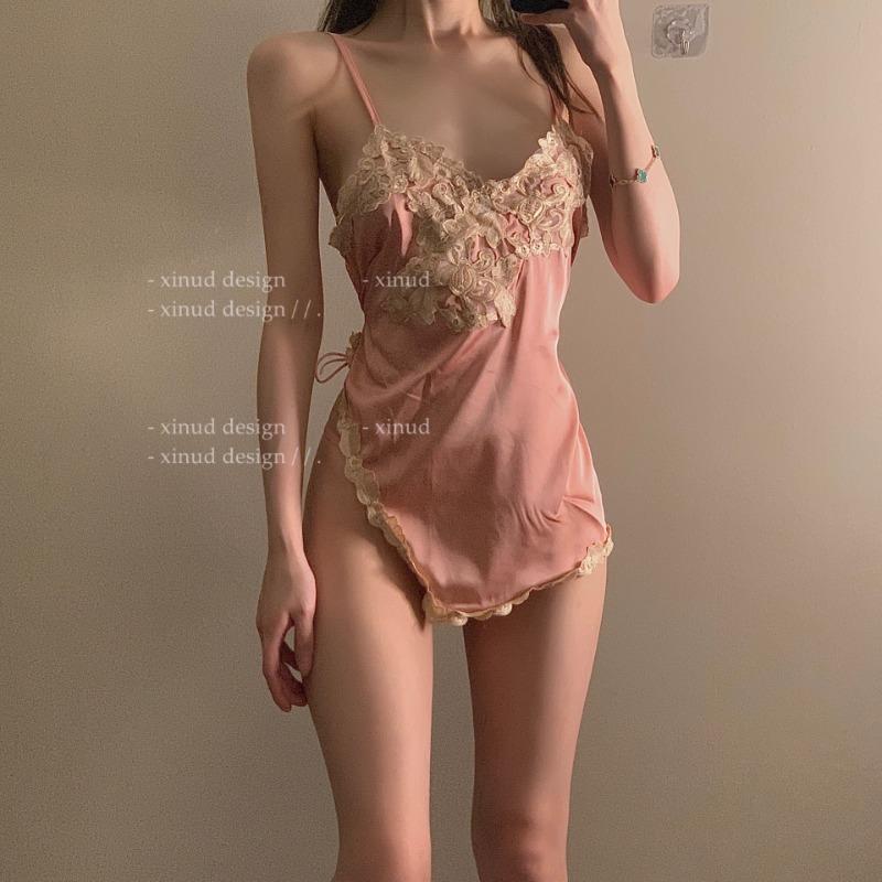 New Sexy Lace Loungewear Pajamas Embroidered Lace Suspenders Super Slim Slits Sex Nightgown Pure Desire