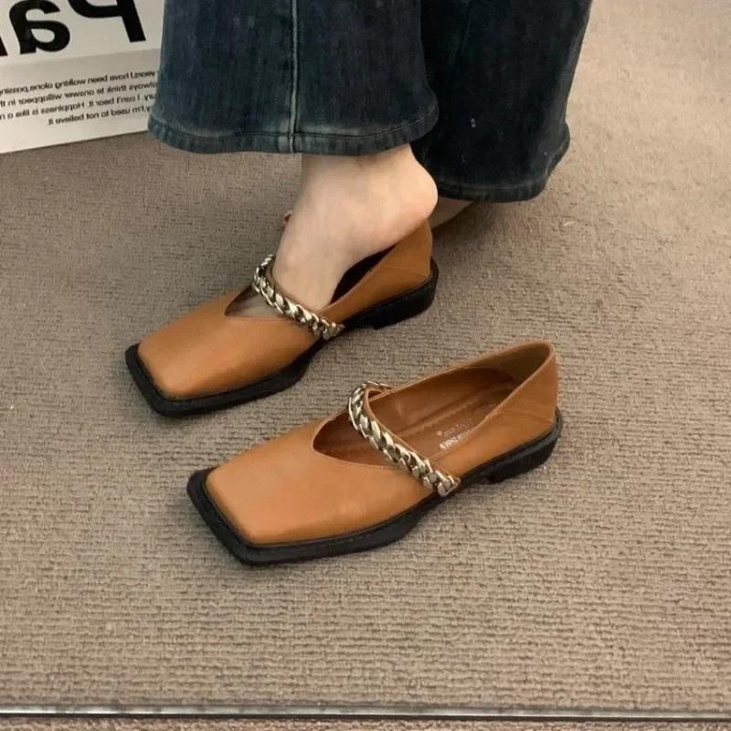 fashion Ladies Shoes on Sale 2024 Fashion One Kick Women's Flats Autumn Square Toe Chain Solid Low Heels Shallow Office Ladies Shoes