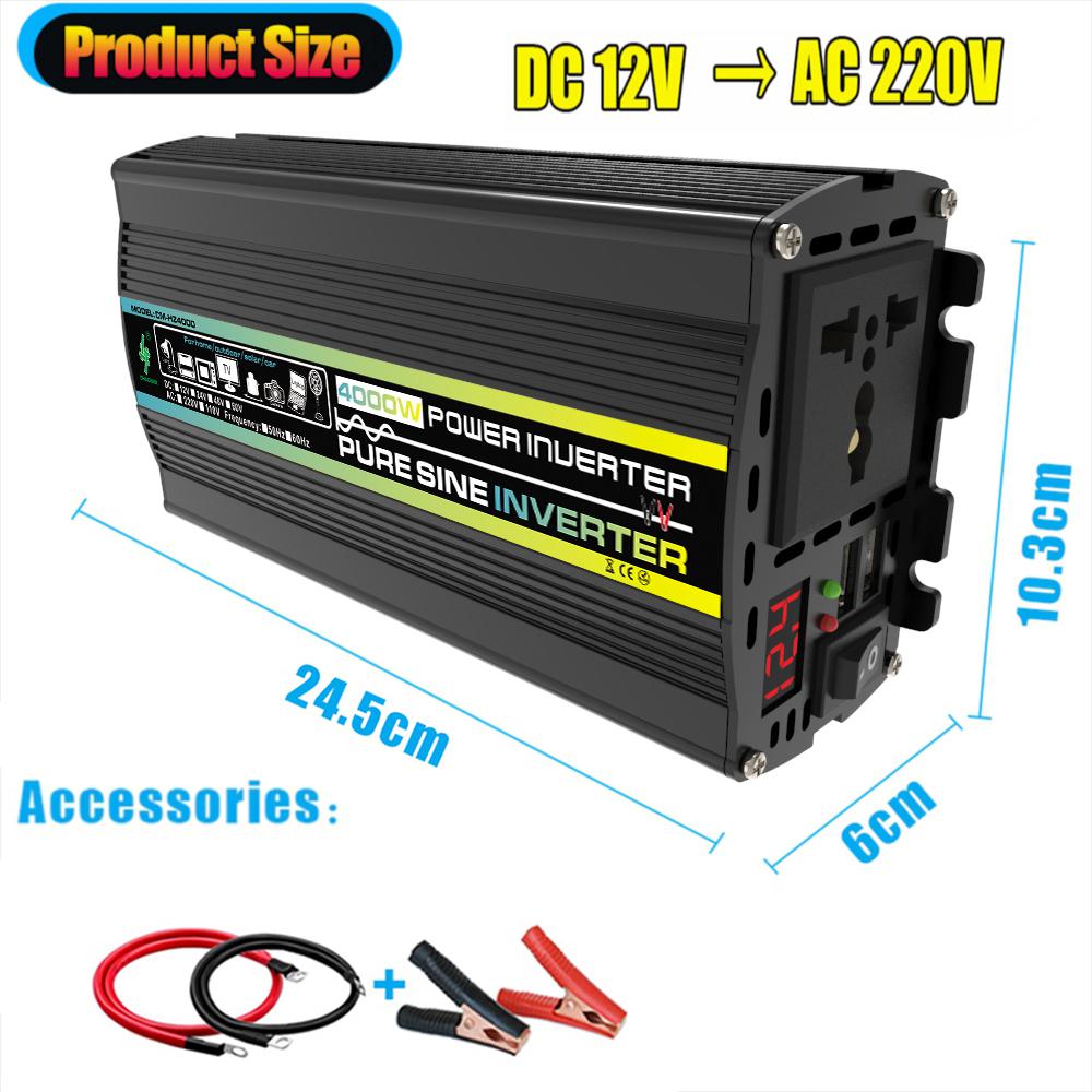 4000W Dual USB Solar Power Inverter 12V To 220V Car Power Inverter Charger Converter Adapter Modified Sine Wave Transformer Kit