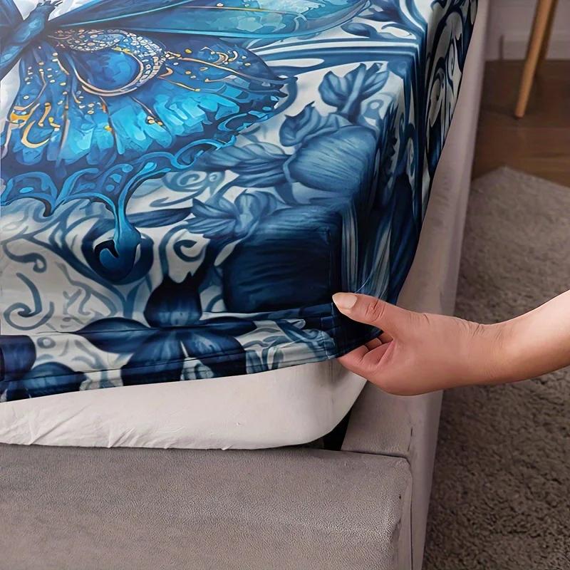 3pcs Blue Butterfly Floral Fitted Sheet Set (1 Fitted Sheet + 2 Pillowcase Without Pillow Insert), HD Printing For Bed Sheet
