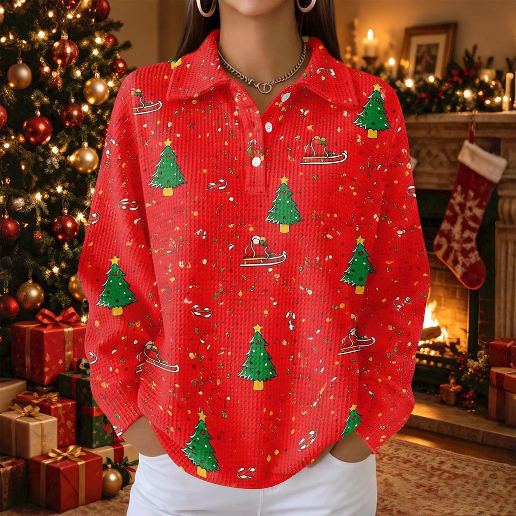 Women's Knit Top Christmas Print Long Sleeve Button Collared Shirt for Casual Holiday Wear