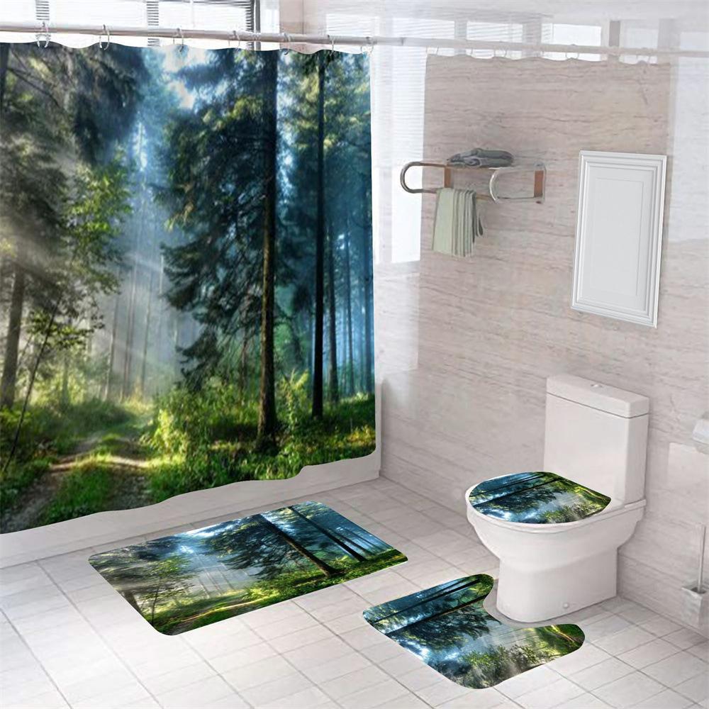 Nature Scenery Shower Curtain Set Green Forest Mountain River Landscape Bathroom Shower Curtain Waterproof Fabric Bathroom Sets