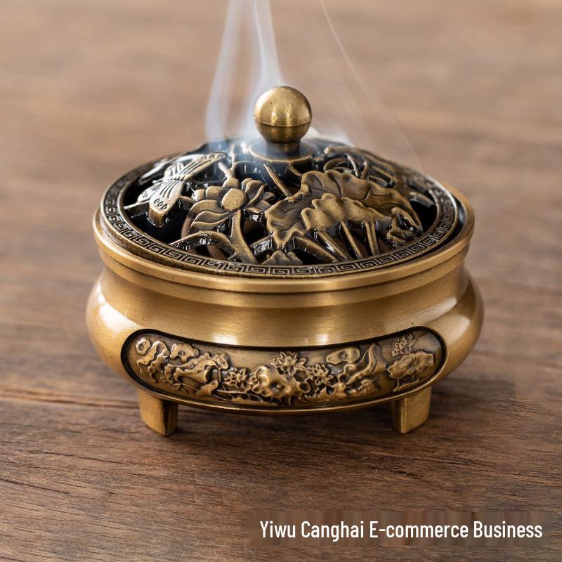 Lotus Leaf Alloy Incense Burner - Three-Legged Auspicious Clouds Design for Coils and Agarwood Incense