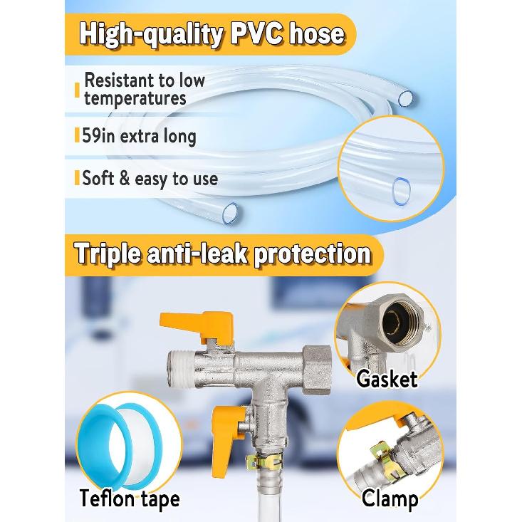 RV 3-Way By-Pass RV Winterizing Kit - Brass RV Pump Converter Winterizing Part, Double Shut-Off Design With 59" Hose 4 Clamps, Water System
