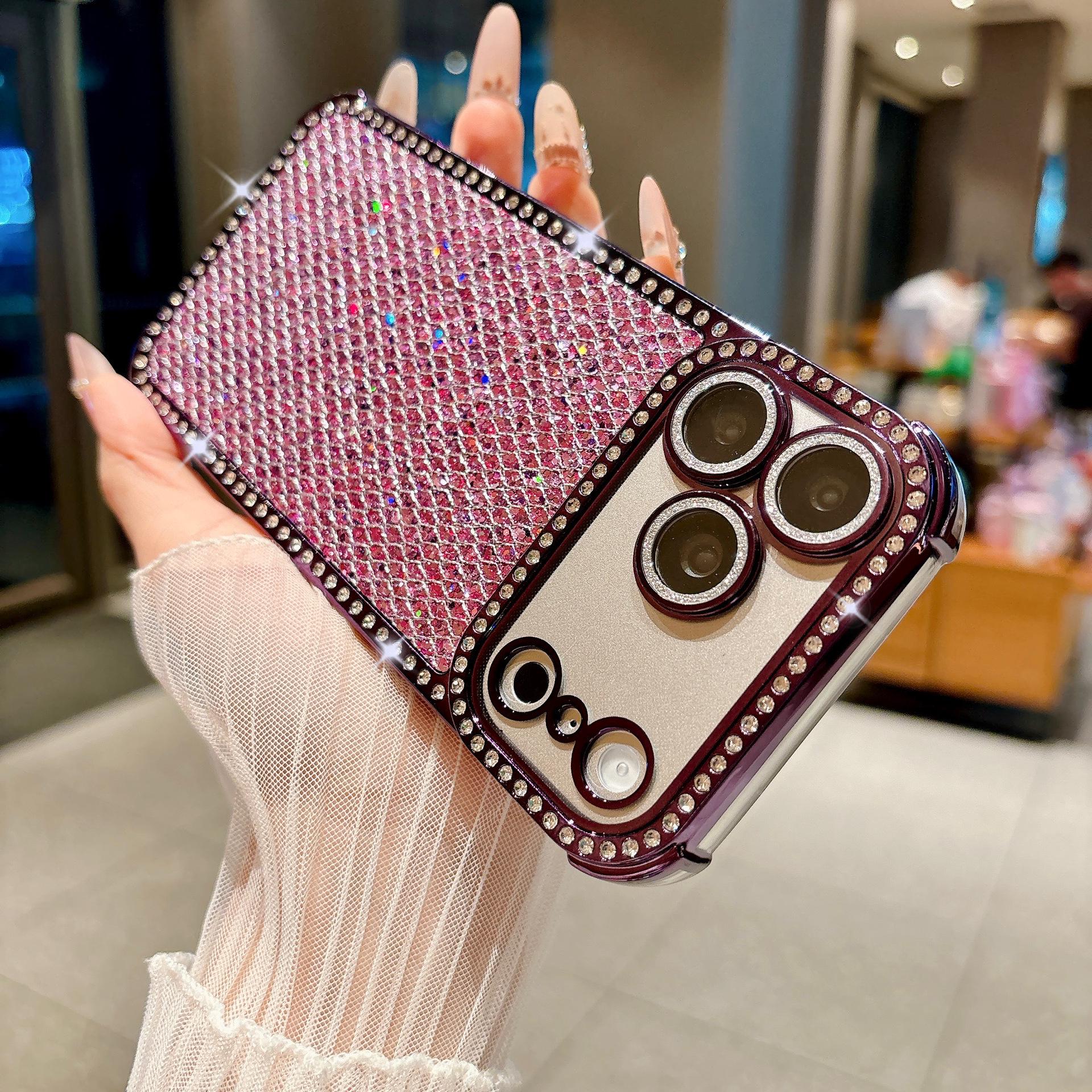 

Glitter Diamond Lattice Phone Case with Rhinestones for Apple 17 Pro Max and 16, Four-Corner Drop-Proof, Fits 15 iPhone 14 фиолетовый