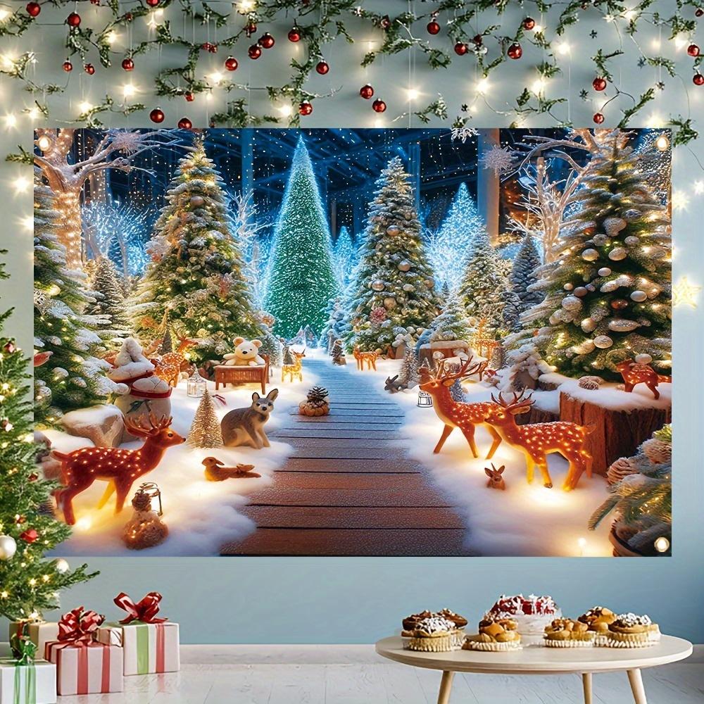 Magic Forest Christmas Background Banner Polyester Winter Wonderland Party Hanging Decoration with Snow Trees and Deer