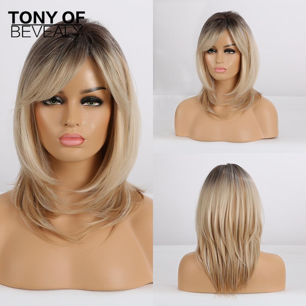 Medium Length Ombre Brown To Blonde Straight Hair Wigs with Bangs Synthetic Wigs for Women Cosplay Heat Resistant Natural Wigs