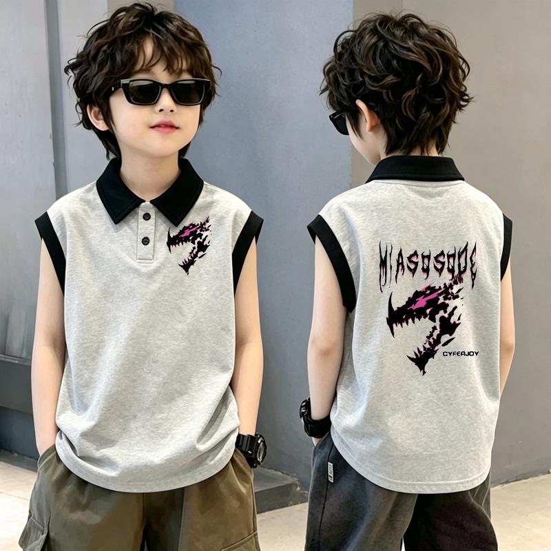 Boys' Trendy Cotton Color Block Polo Vest T-shirt with Stylish Lapel Patchwork - Sleeveless Summer Top for Medium and Large Children
