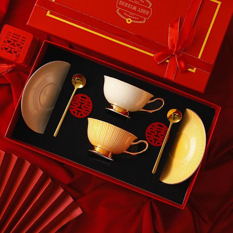 European Bone China Coffee Cup & Saucer Set, Elegant Tea Time Pair Cups, Dishwasher Safe Home Gift Box for Afternoon Tea Decor