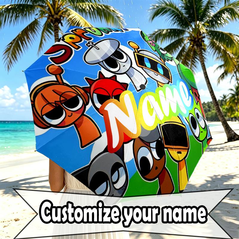 Custom Name Personalized Sprunki Game Print Umbrella, Auto Open Close, 8‑Rib Sturdy Frame, Commute Camping Hiking Use, Birthday Gift
