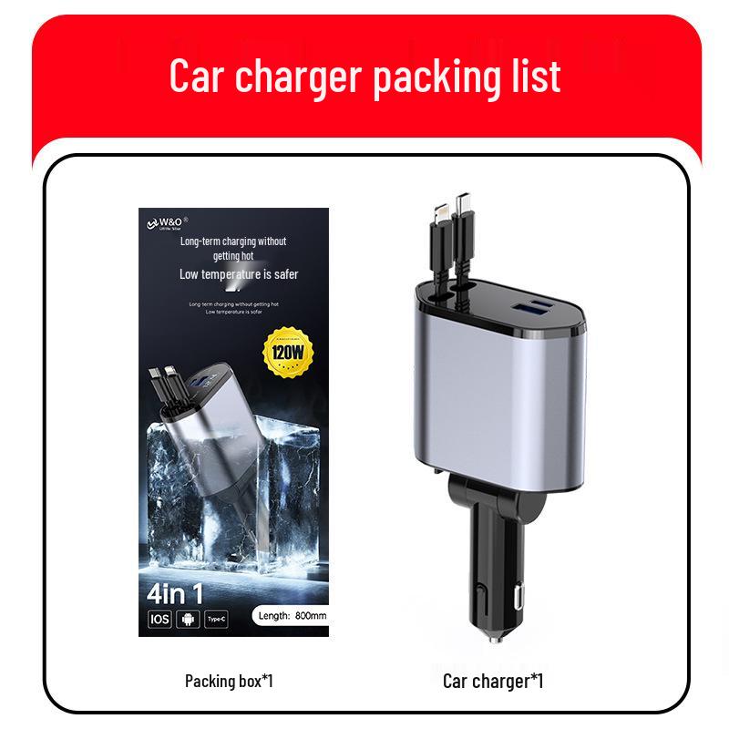 

Portable Car Charger with Built-In Fast-Charging Cable, One-to-Three Multi-Port Adapter чорний