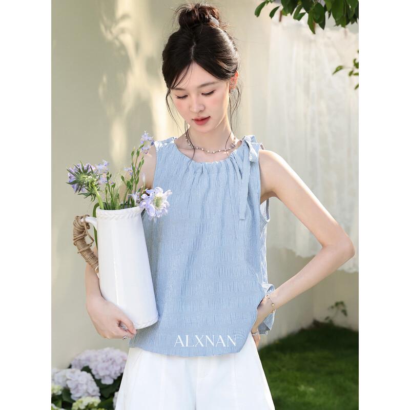 Luxiangnan Women s Blue Plaid Lace-up Vest M