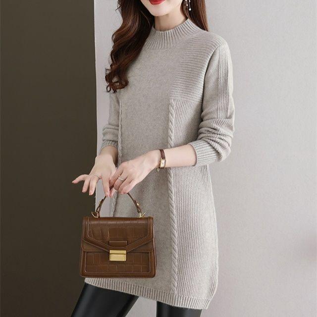 Half Turtleneck Knitted Sweater Women's Casual Long-sleeved Mid-length Sweater Solid Color Autumn and Winter Pullover
