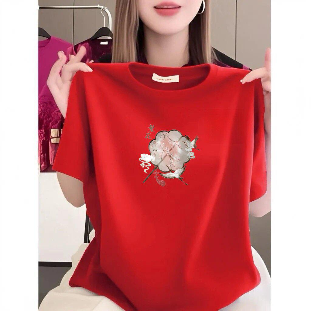 This Year's Trendy Plus-Size Red Printed Women's T-Shirt - Loose, Fashionable & Versatile for Middle-Aged & Elderly Women